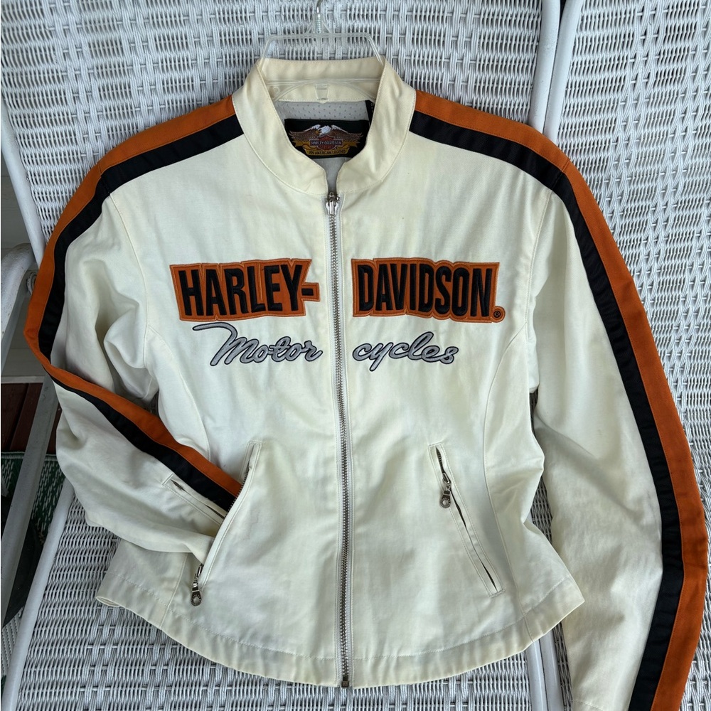 Harley-Davidson Cream and Orange Bomber Jacket Racing Style